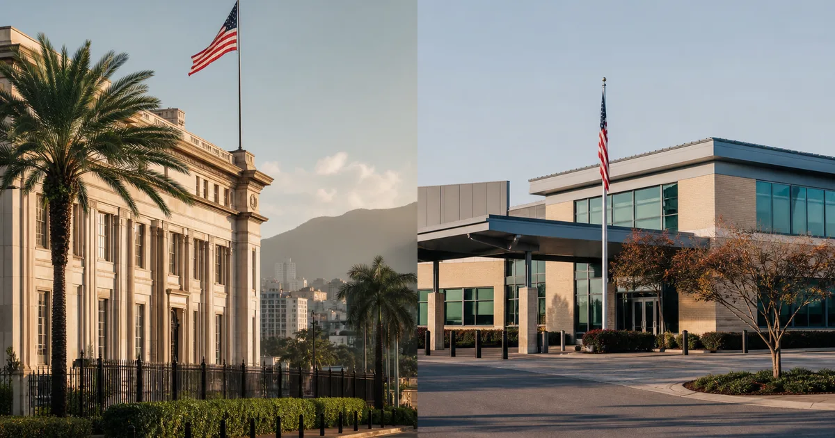 Split visual - one side shows a US government building in a foreign city, the other an USCIS service center building, representing two parallel approval