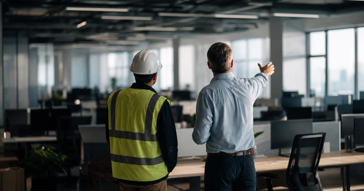 A contractor in a hard hat and safety vest receiving direction from a supervisor in a modern open-plan technology office floor