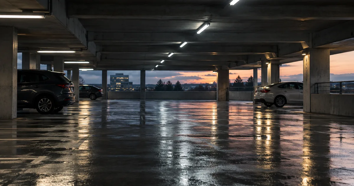 An empty corporate parking garage at dusk with only a handful of cars left, long fluorescent strips reflecting on wet concrete
