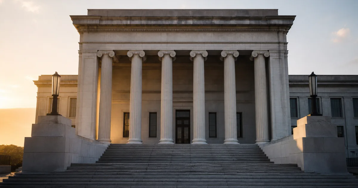 Exterior of a federal courthouse building with tall stone columns under an overcast sky, evoking pending immigration litigation.