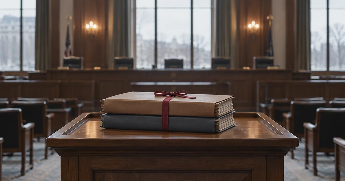 Two stacked folders tied with ribbon on a wooden lectern in an empty hearing room, rows of empty chairs and soft overcast light through tall windows