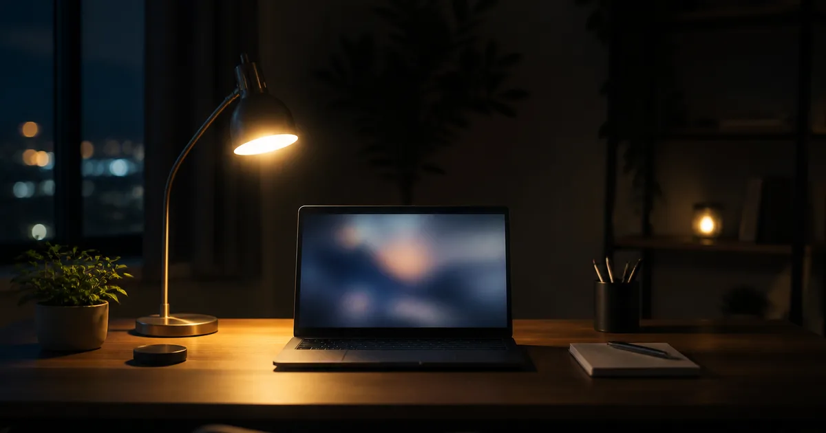A professional checking a laptop at a bright desk with a coffee cup and papers, calm office setting, natural window light