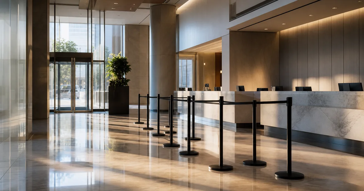 A downtown bank branch lobby at opening hour, an empty queue line and polished marble floor catching early light