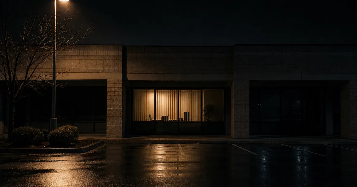 A dim strip-mall office suite seen at night from an empty parking lot, one lit window behind half-closed vertical blinds, wet asphalt reflecting a single