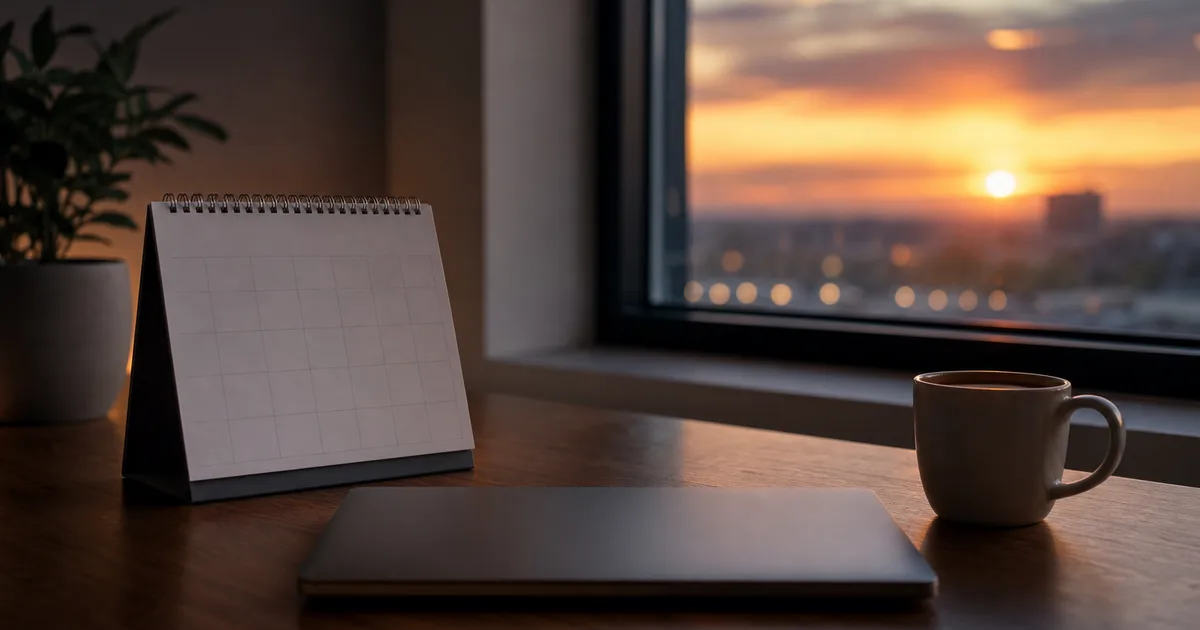 A desk by a window at dusk with a calendar, a closed laptop and a cup of coffee, a calm but urgent mood, soft light, no readable text, no people