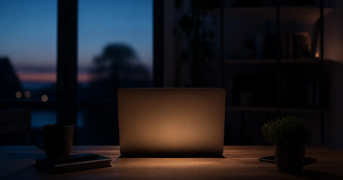 A person checking an immigration case status update on a laptop at a home desk in early morning light, with a coffee mug beside the keyboard