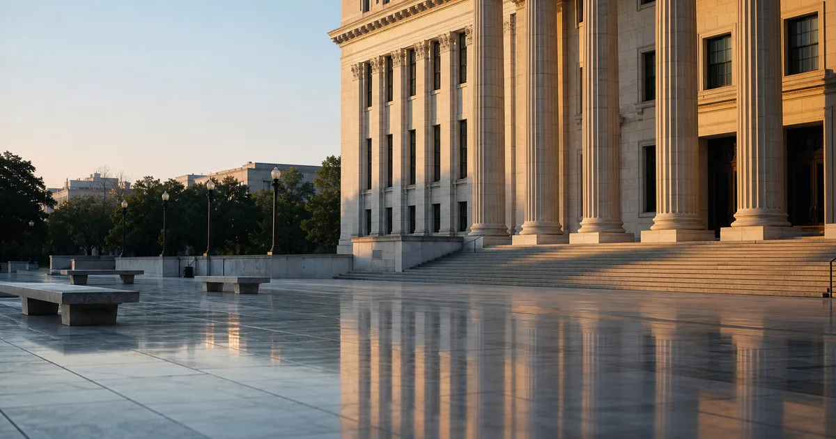 A federal government building facade with stone columns bathed in early-morning light, reflecting in a wide marble plaza with empty benches