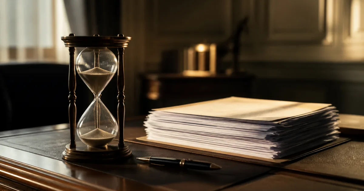 A desk with an hourglass beside a stack of official documents and a pen, warm focused light suggesting urgency, shallow focus, no readable text
