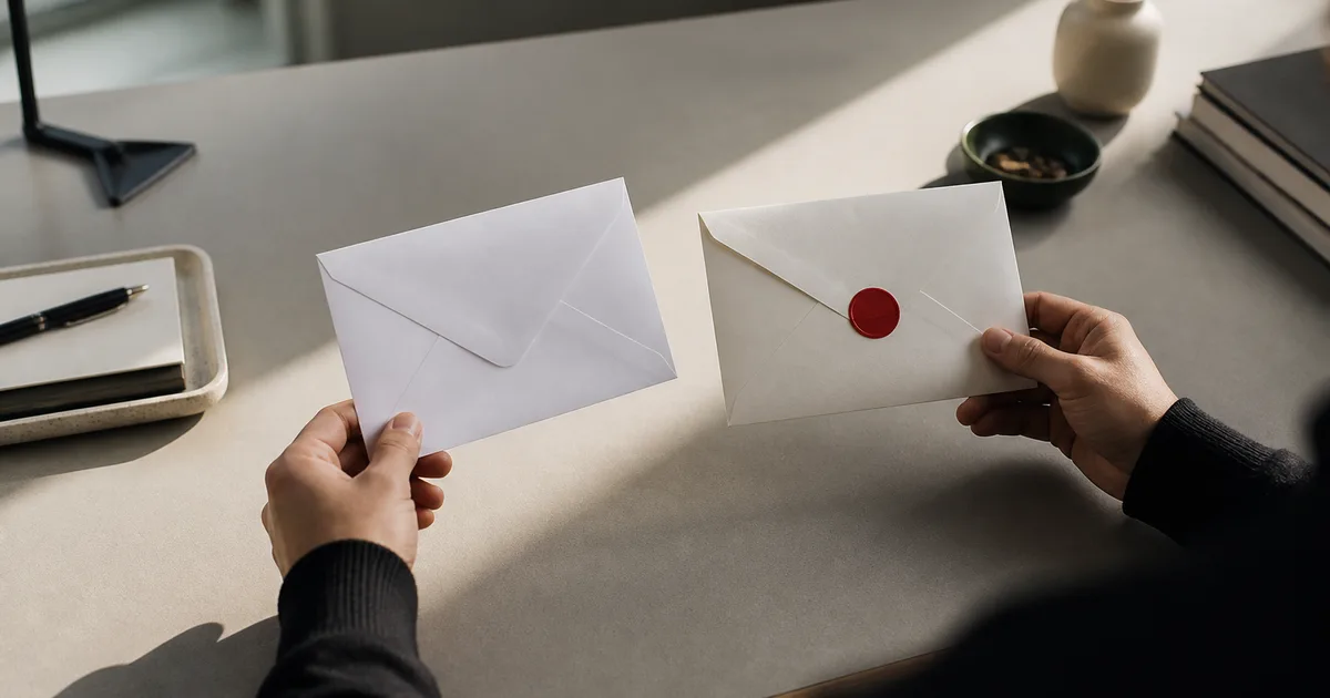 A person reviewing two envelopes on a minimalist desk, one marked urgent, the other standard, soft natural light from a window, no visible text