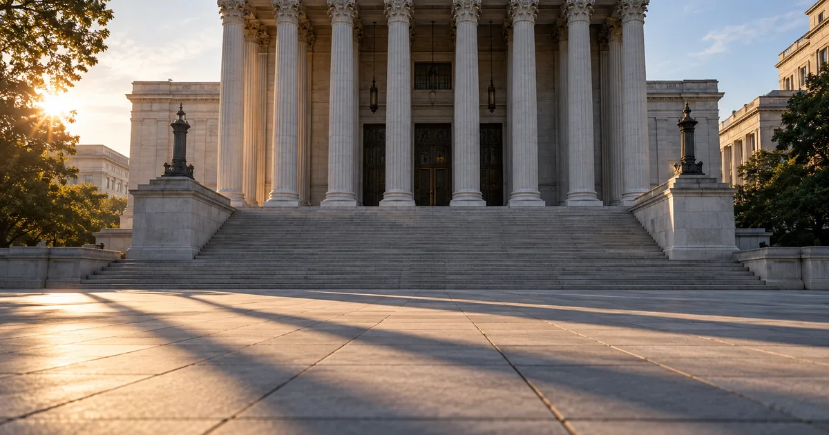 A federal courthouse building exterior with columns, shot at street level under an overcast sky, no visible signage text