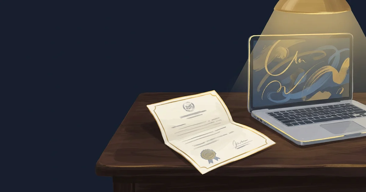 A USCIS letter on a dark desk beside a laptop showing a draft response, lit by a single warm desk lamp.