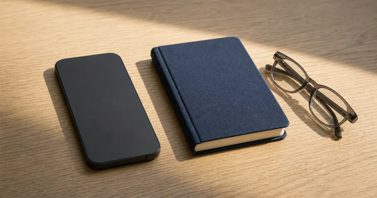 A phone face down on a wooden table beside a closed passport-sized notebook, morning light across the grain, screen dark and unreadable