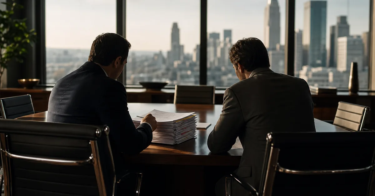 A lawyer and client reviewing a thick stack of printed documents and tabbed folders at a conference table near a window overlooking a city skyline