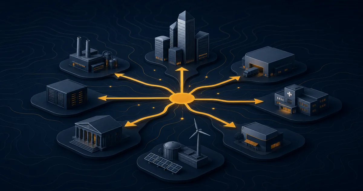 Abstract illustration of several stylized building silhouettes connected by branching arrow paths over a topographic-line texture, across many industries.