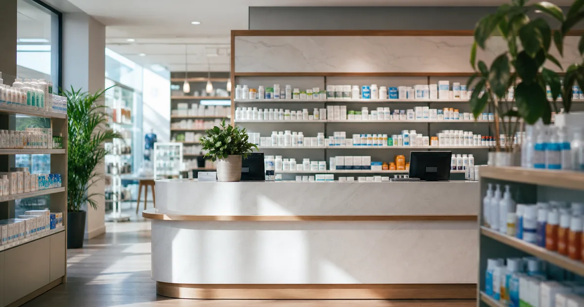A bright modern pharmacy interior, neat rows of medication shelves behind a clean service counter, crisp clinical daylight