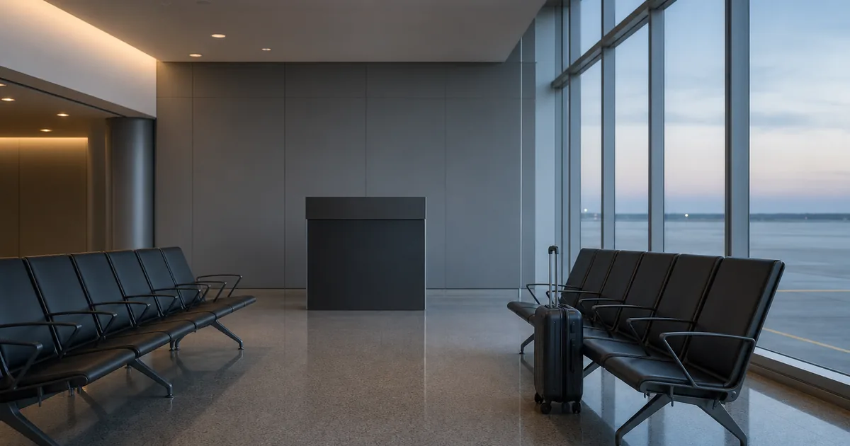 An empty airport departure gate at dawn with rows of seats, a boarding desk, and a wide window overlooking a quiet taxiway under soft blue light