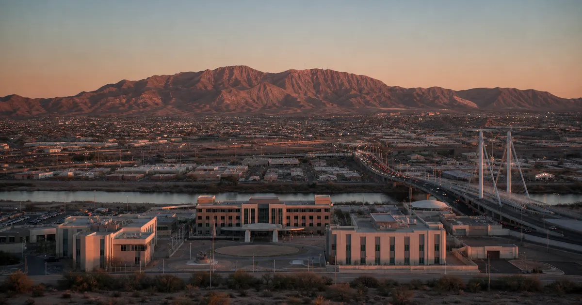 Aerial view of a border city at dawn with desert mountains in the background, orderly consular district buildings near a major international bridge crossing