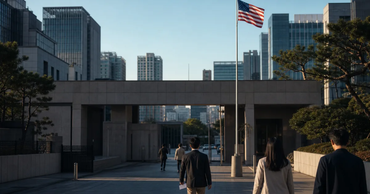US Embassy compound in central Seoul on a clear day, modern city skyline visible beyond the secure diplomatic grounds, visitors approaching the entrance with