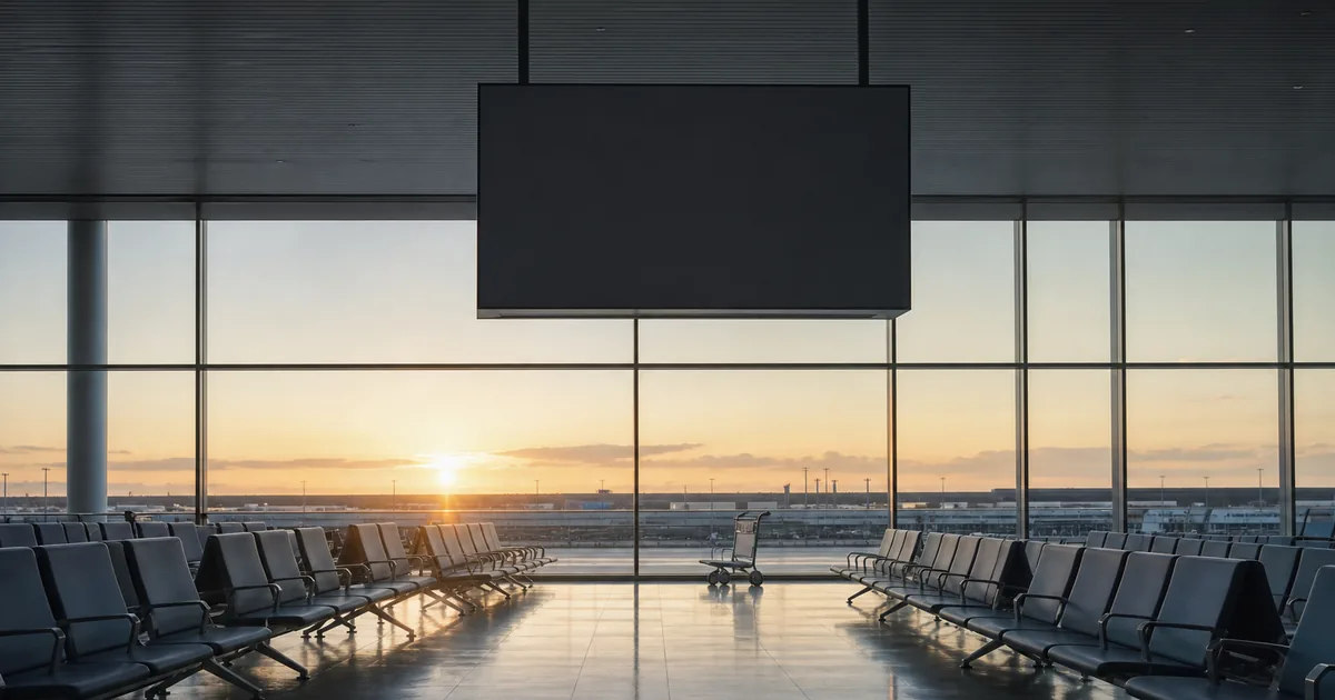 A departures board silhouette in an empty airport hall at dawn, rows of vacant seats and a wide window with pale morning sky beyond, no signage legible