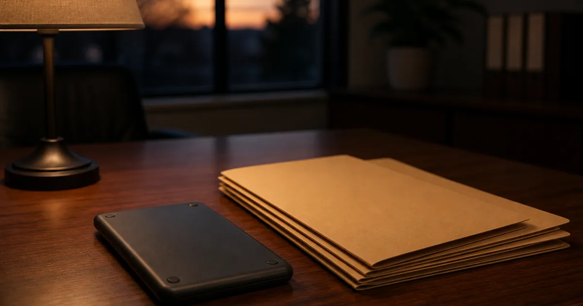 A professional reviewing pay stubs and a W-2 form at a desk with a calculator and laptop, warm natural light from a window