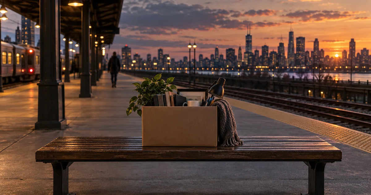 A cardboard box of office belongings resting on a wooden bench on an empty commuter train platform at dusk, city skyline glowing beyond the tracks