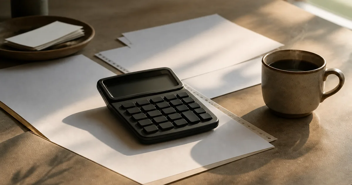 A professional reviewing visa paperwork and a calculator at a desk in a modern office with a laptop showing documents