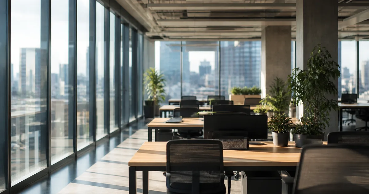 A professional reviewing job listings on a laptop at a co-working desk with a city skyline visible through the window