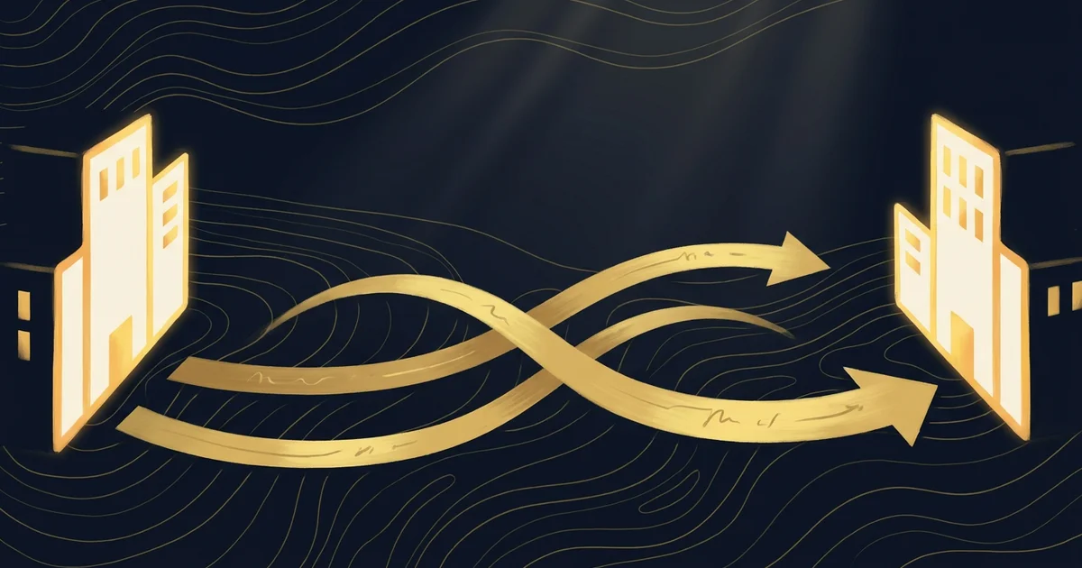 Two parallel arrow paths weaving from one stylized building silhouette to another, with topographic-line texture in the background.