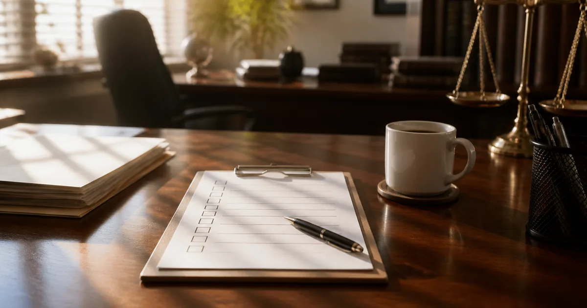 A professional reviewing a visa petition and passport at a desk with a laptop and paperwork in soft natural office light