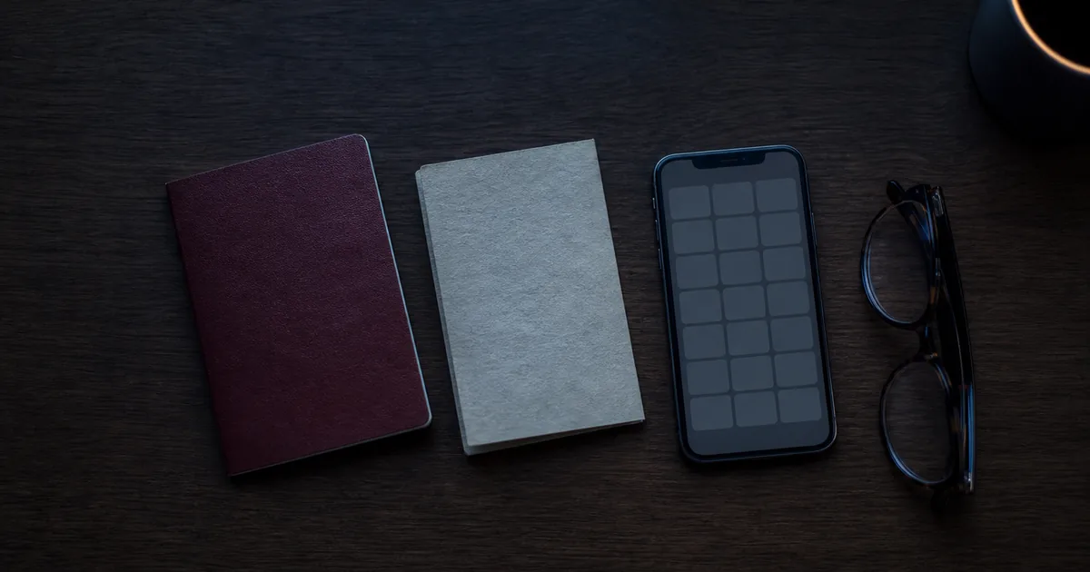 A passport and a printed boarding-pass-sized slip resting on a dark desk beside a phone showing an empty calendar grid, early morning light, no readable text