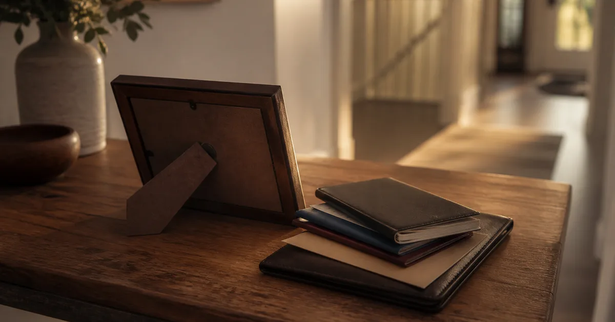 A young family sits together at a kitchen table reviewing documents and a laptop in soft morning light, calm and focused