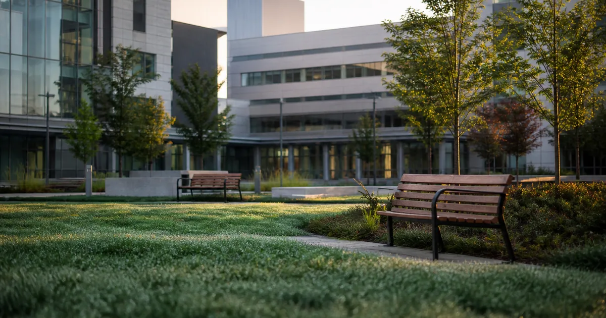 A university research building exterior with international flags near the entrance and employees walking past in business attire on a weekday morning
