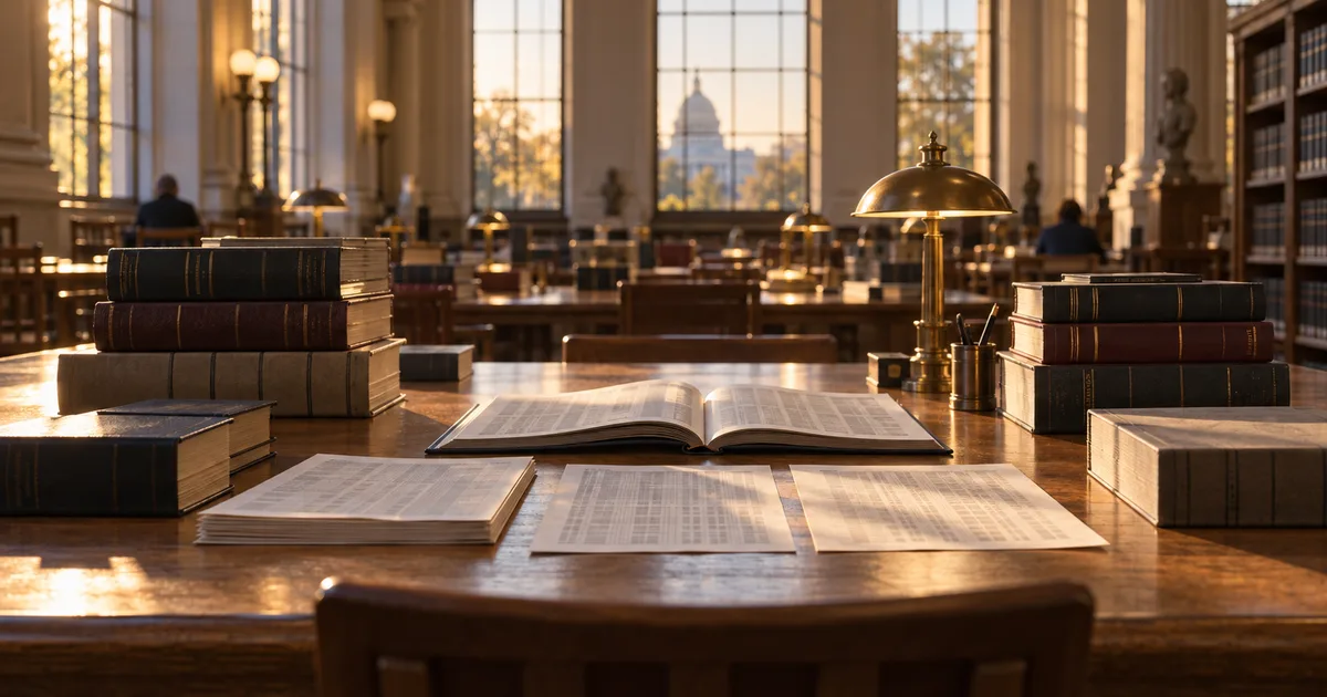 A long oak reading-room table in a government library at late afternoon, stacks of bound federal register volumes and printed tables with illegible columns