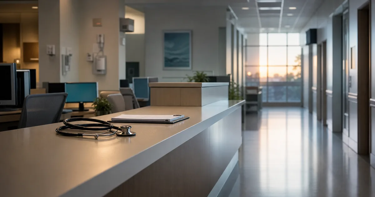 A calm modern hospital corridor at dawn, an empty nurses station with softly glowing monitors, a stethoscope and clipboard resting on a clean counter