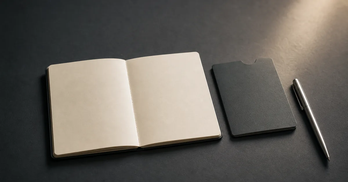An open passport lying flat on a dark desk beside a boarding pass sleeve and a pen, lit softly from one side with the pages blank