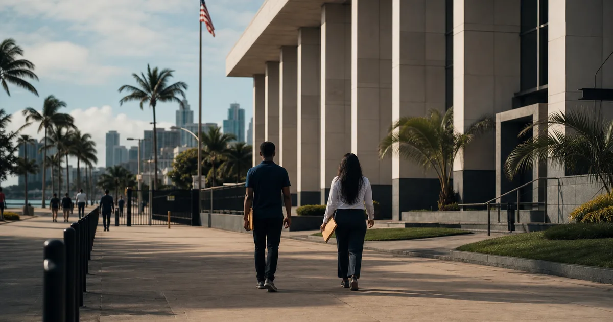 Exterior of a US consulate building in a South American coastal city, applicants holding document folders under partly cloudy skies with palm trees lining