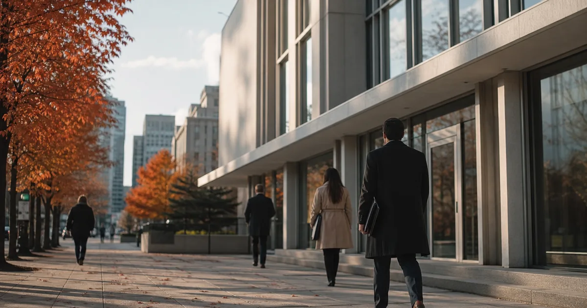 A US consulate building in a Canadian city on a bright autumn day, maple-tree-lined street with applicants in professional attire arriving at the entrance