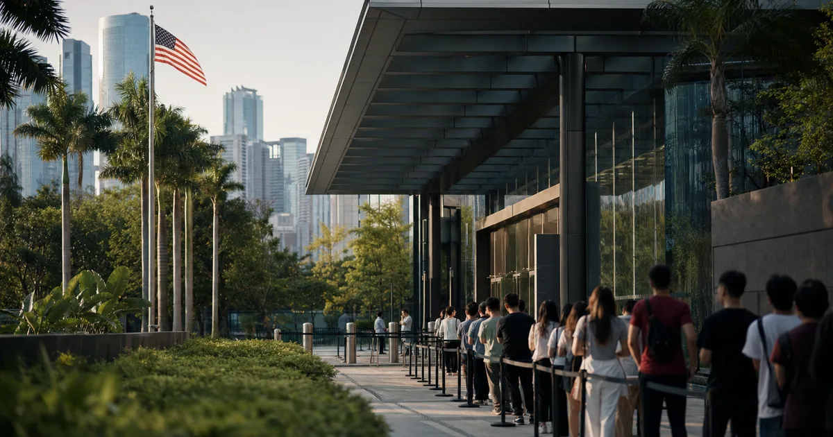 Modern US consulate exterior in Guangzhou on a clear morning, applicants queuing orderly outside a glass-and-steel diplomatic building surrounded by