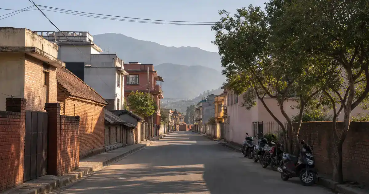 A quiet Kathmandu street on a clear morning with low brick buildings, a row of parked motorbikes, and the outline of foothills in the haze beyond the rooftops