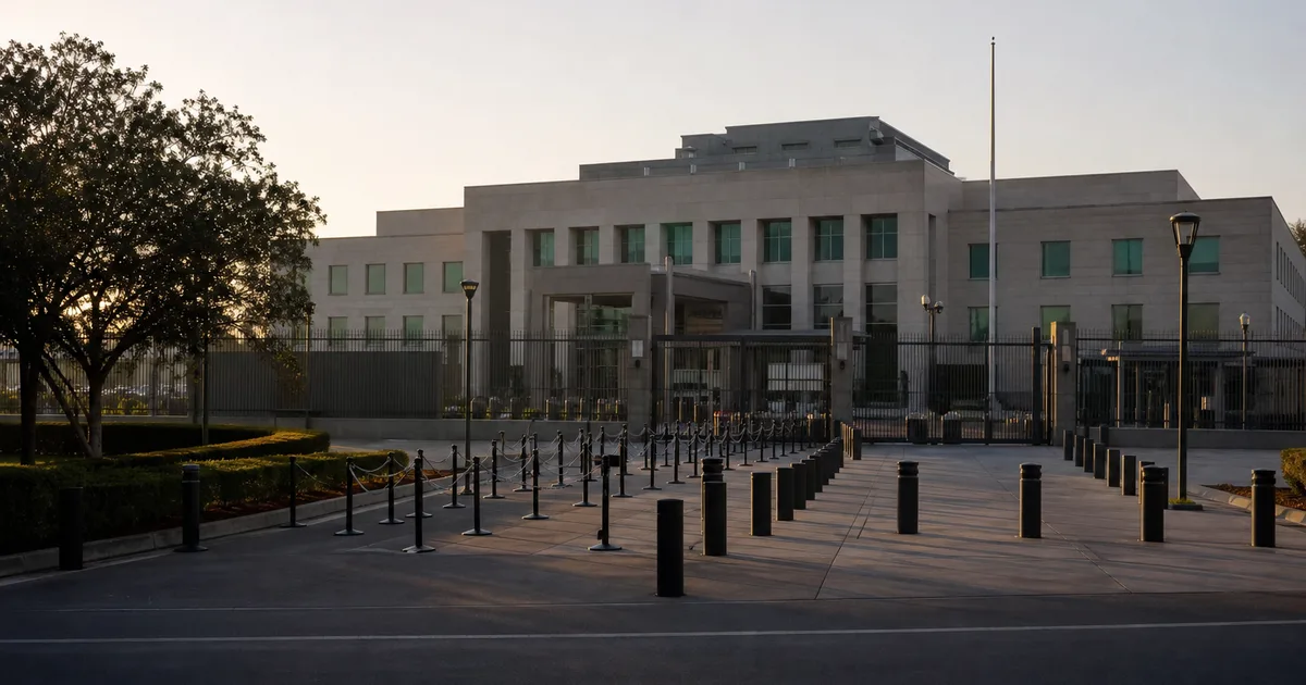 US Embassy exterior in a South Asian capital, early morning light casting long shadows over a secure diplomatic compound with organized visitor queues