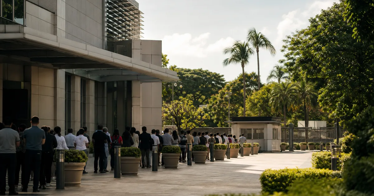 US Embassy compound in Manila on a bright tropical morning, a structured applicant queue outside a secure diplomatic building with lush vegetation in the