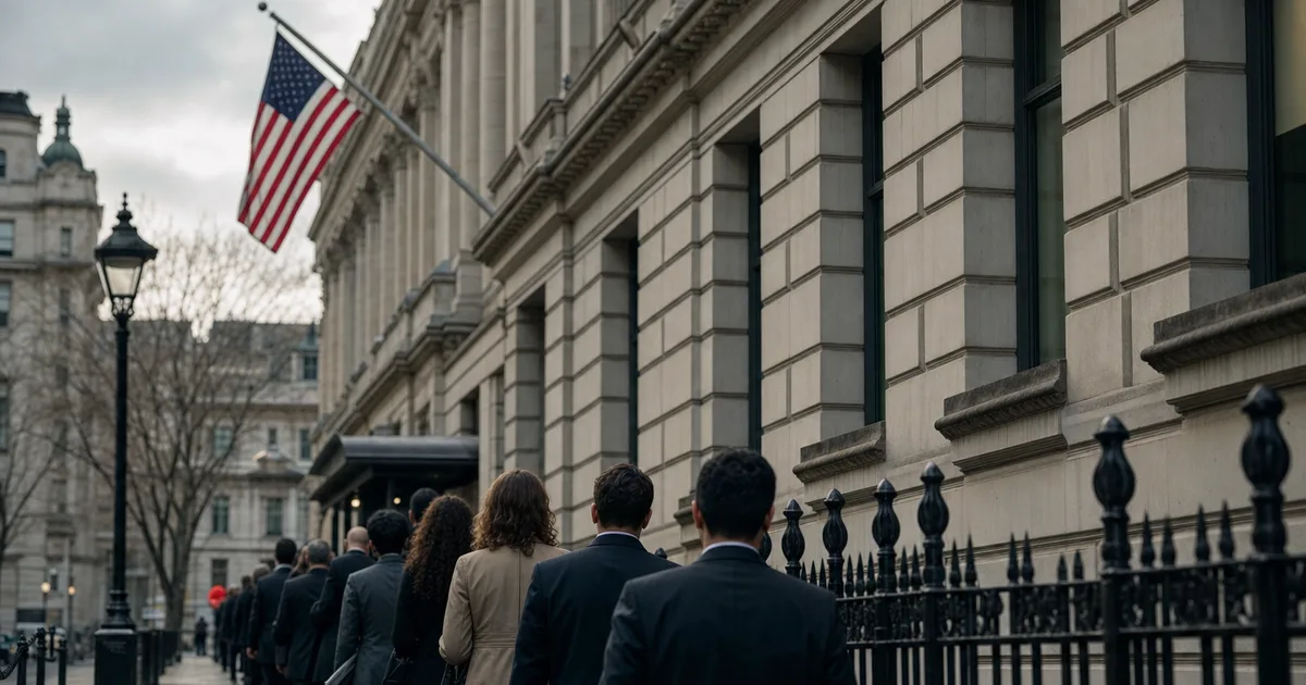 US Embassy exterior in London on a grey overcast morning, applicants in business attire queuing outside the historic building on a quiet city street