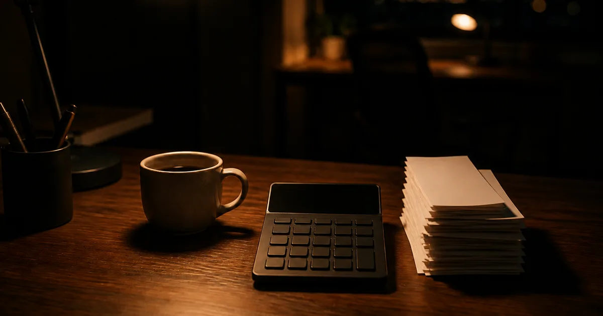 Close-up of visa petition paperwork, a calculator, and a pen arranged on a wooden desk in soft natural light