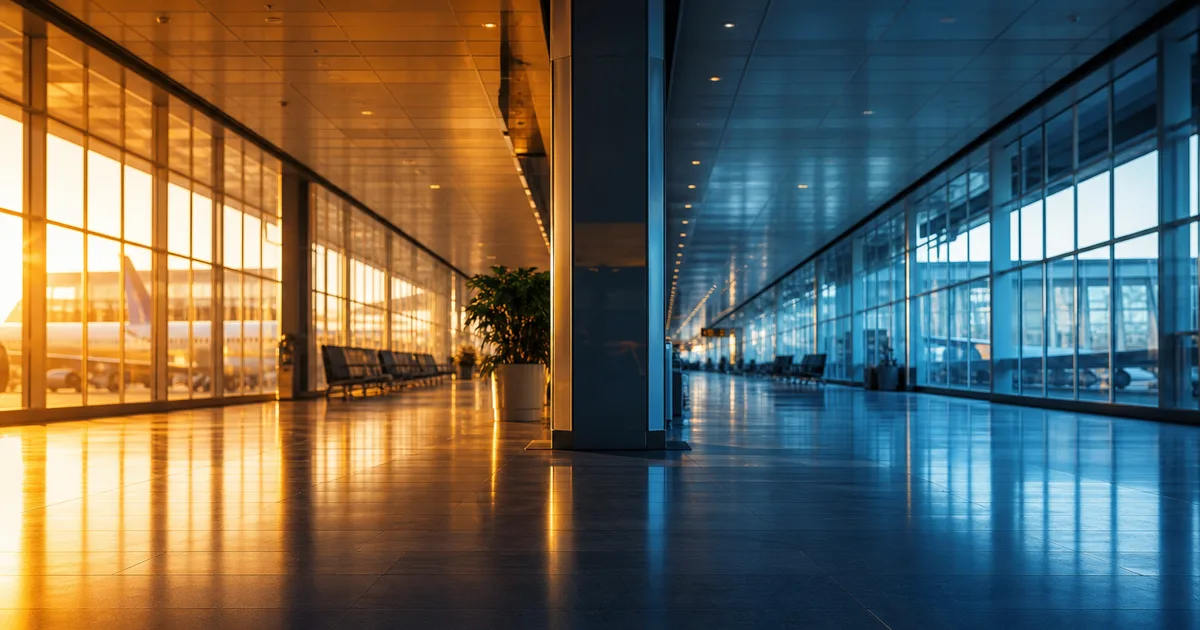 Two diverging airport terminal corridors photographed from a low angle, one lit with warm amber light and the other with cool blue, both leading to different