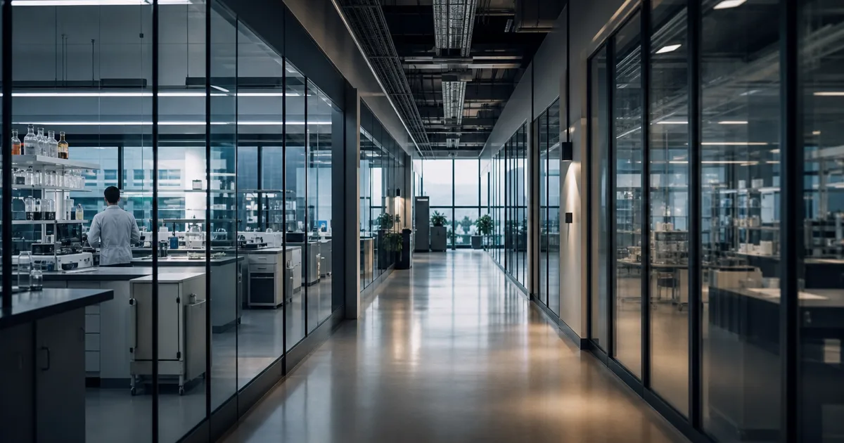 A laboratory corridor with glass-walled research rooms, scientists working at benches visible through windows, cool blue-white overhead lighting