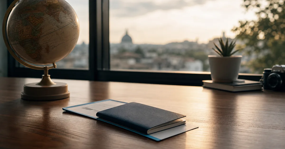 A clean desk with a passport, a boarding-pass-style document and a globe near a bright window, warm light, no readable text, no people