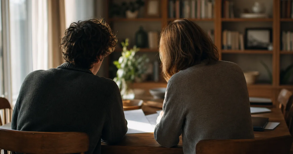 A young adult and parent seated at a dining table together reviewing paperwork, warm interior lighting, bookshelves visible in the background