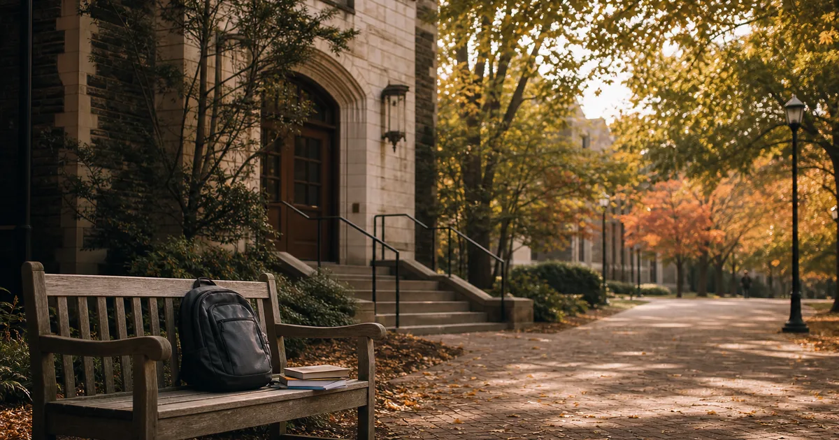 A college campus pathway lined with trees in early fall, backpacks and textbooks on a bench near a campus building entrance