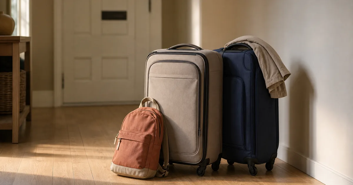Two packed carry-on suitcases and a child's small backpack standing together in a quiet hallway near a front door in warm morning light