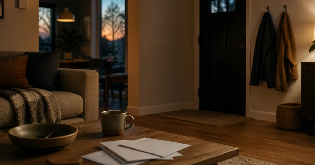 A young family reviewing paperwork together at a kitchen table with morning light coming through a window